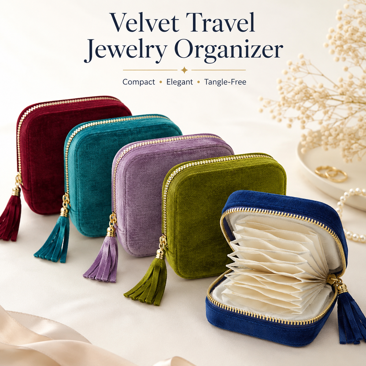 Portable travel jewelry organizer - 5 compartments, soft velvet lining