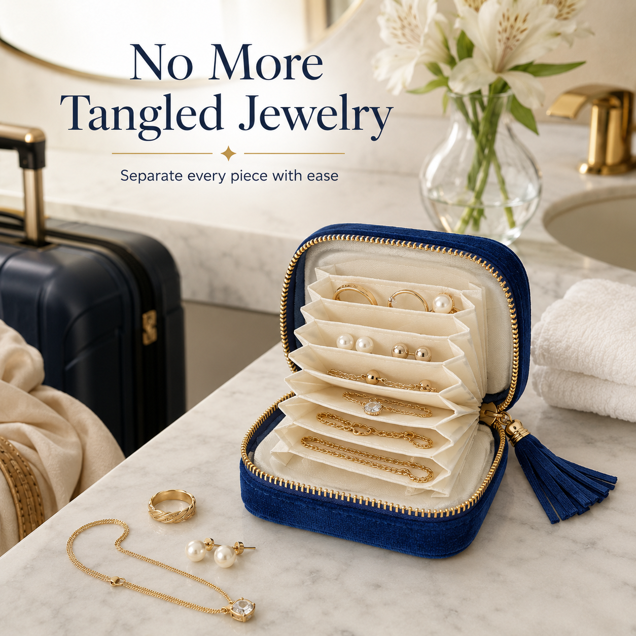 Portable travel jewelry organizer - 5 compartments, soft velvet lining