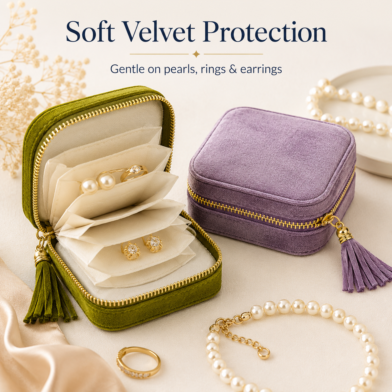 Portable travel jewelry organizer - 5 compartments, soft velvet lining
