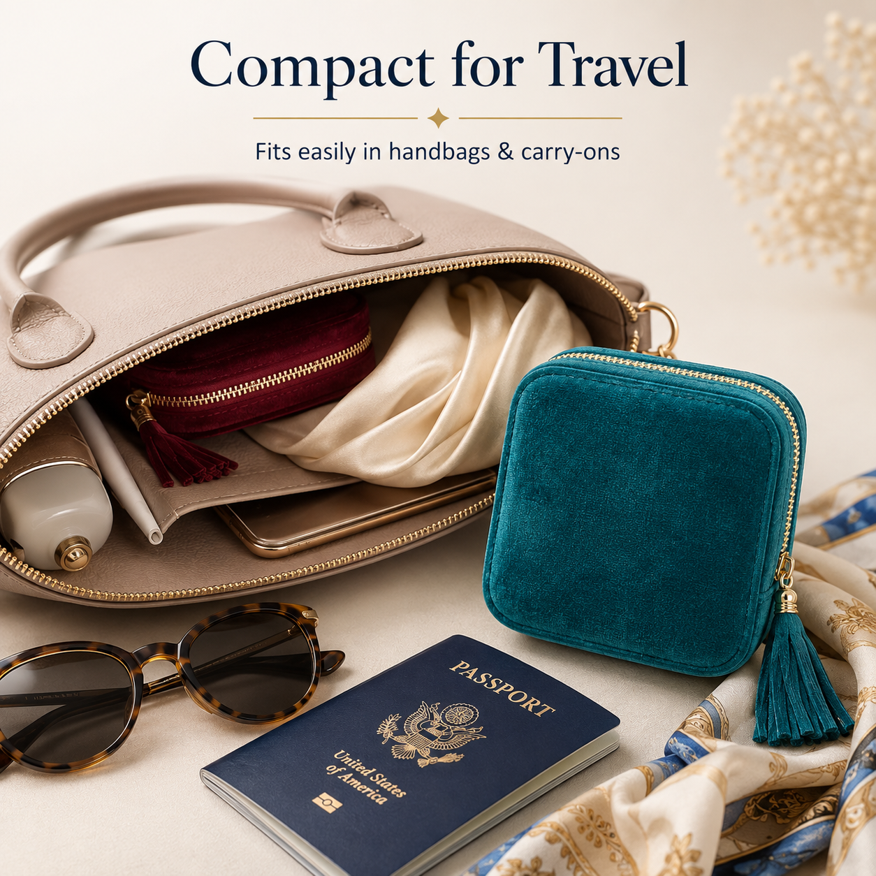 Portable travel jewelry organizer - 5 compartments, soft velvet lining