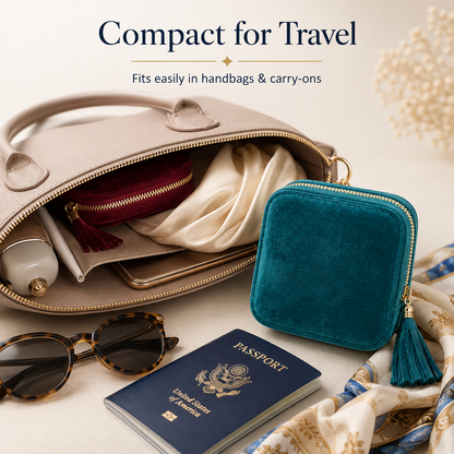 Portable travel jewelry organizer - 5 compartments, soft velvet lining
