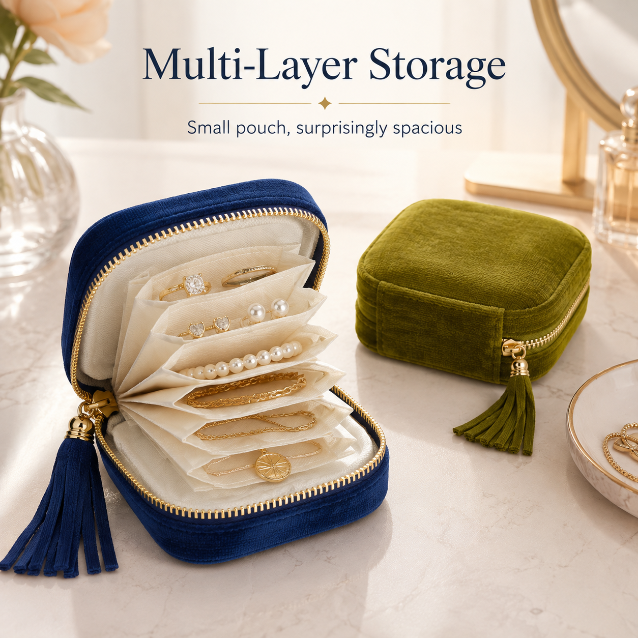 Portable travel jewelry organizer - 5 compartments, soft velvet lining