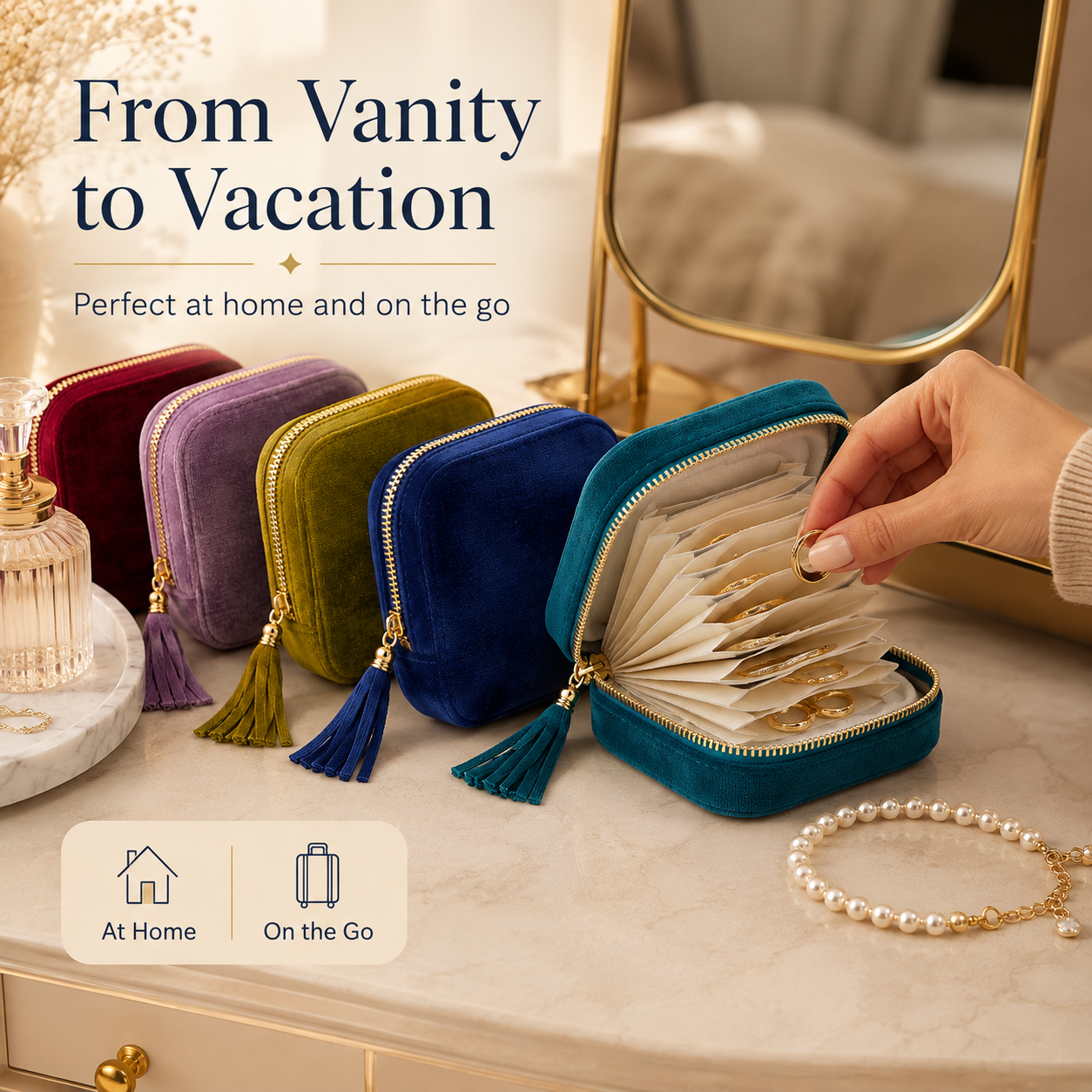 Portable travel jewelry organizer - 5 compartments, soft velvet lining