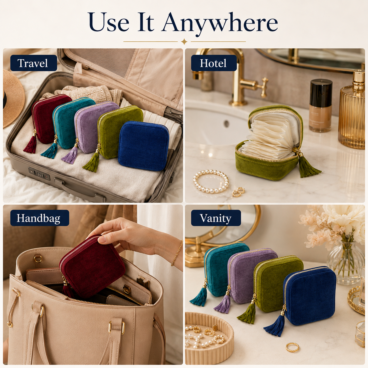 Portable travel jewelry organizer - 5 compartments, soft velvet lining