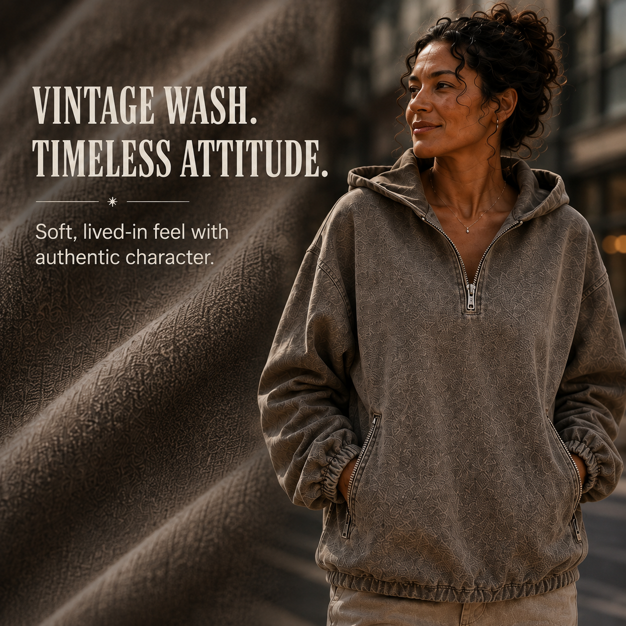 100% Cotton Washed Hooded Sweatshirt - Retro Half-Zip V-Neck Design
