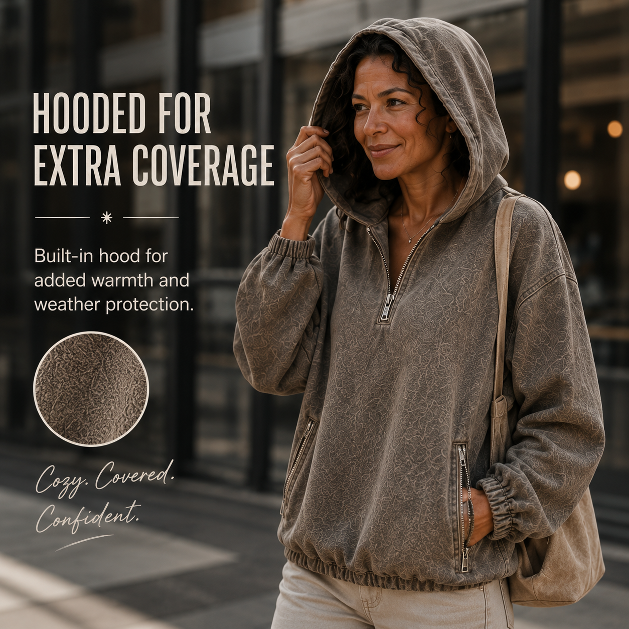 100% Cotton Washed Hooded Sweatshirt - Retro Half-Zip V-Neck Design