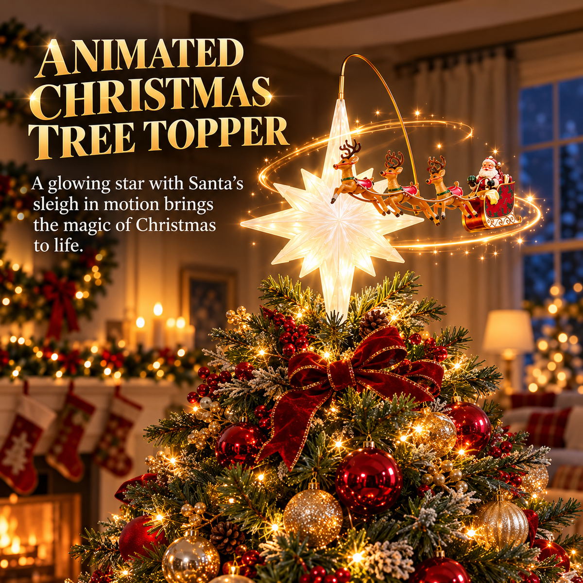 🎅Animated Santa Sleigh & Reindeer Christmas Tree Topper with Glowing Star🎅