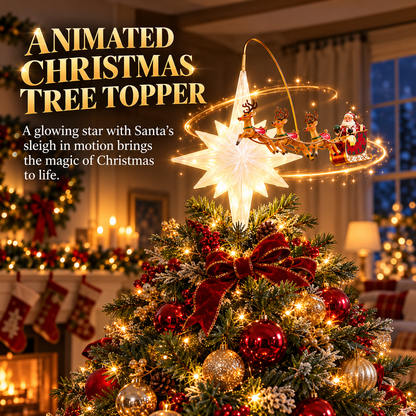 🎅Animated Santa Sleigh & Reindeer Christmas Tree Topper with Glowing Star🎅