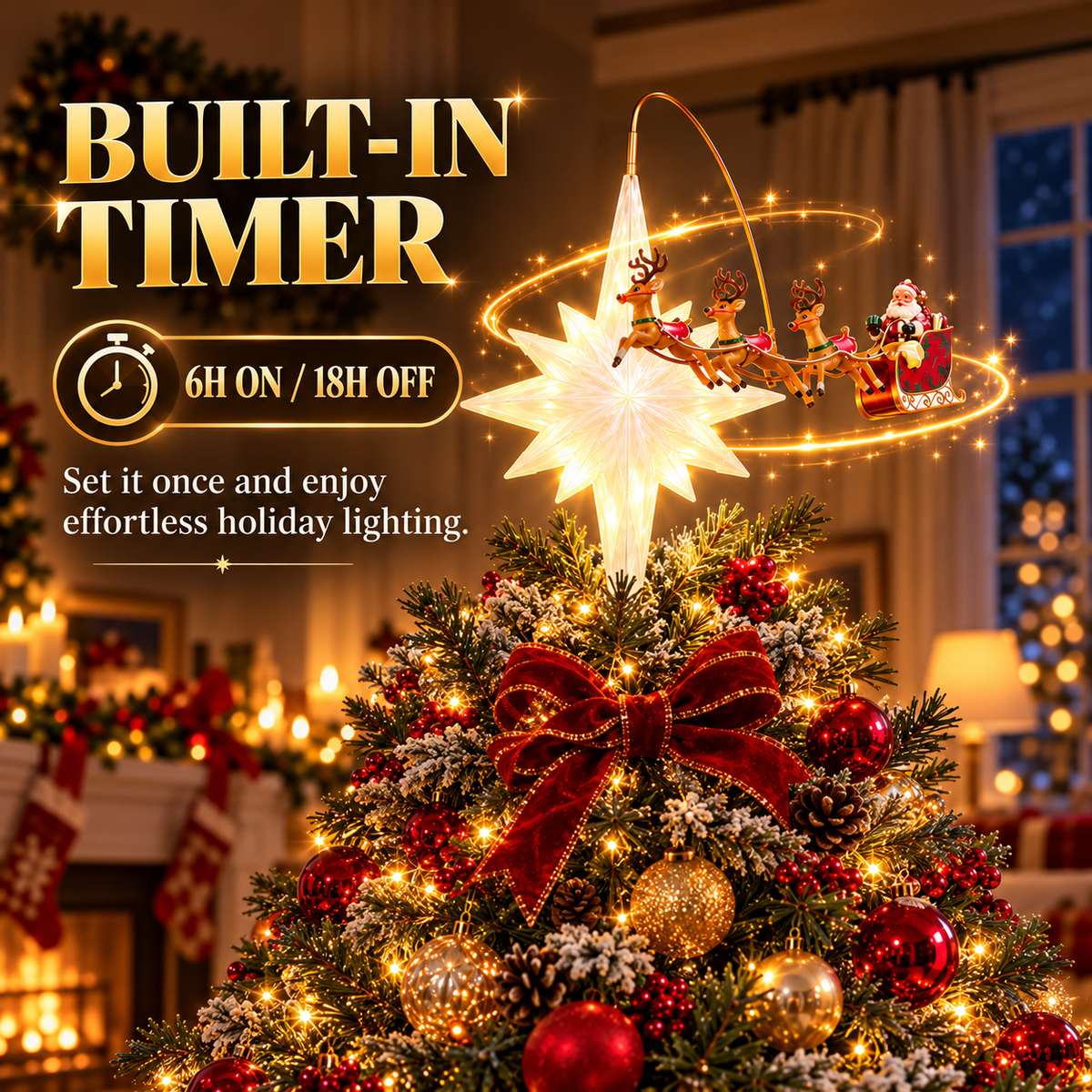 🎅Animated Santa Sleigh & Reindeer Christmas Tree Topper with Glowing Star🎅