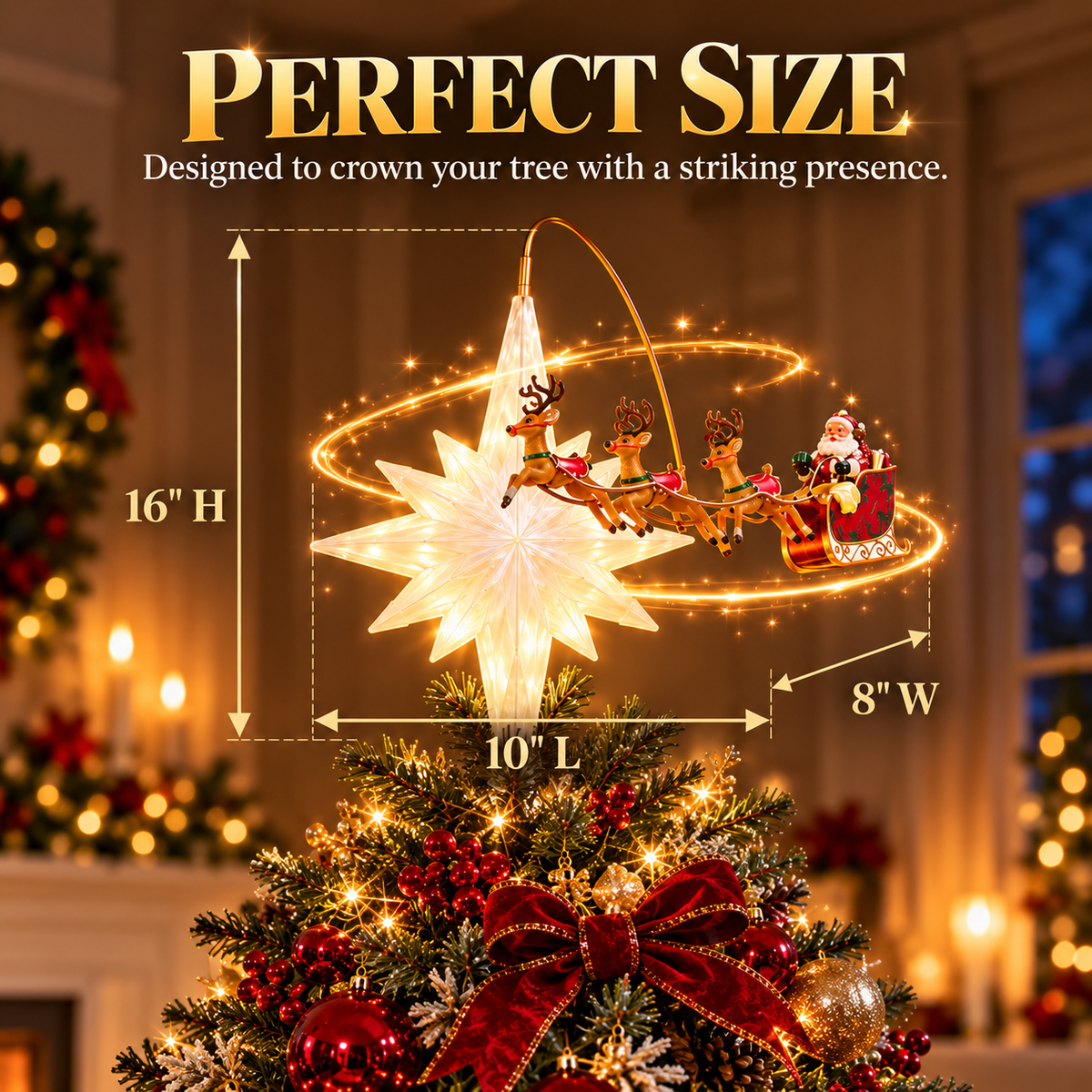 🎅Animated Santa Sleigh & Reindeer Christmas Tree Topper with Glowing Star🎅