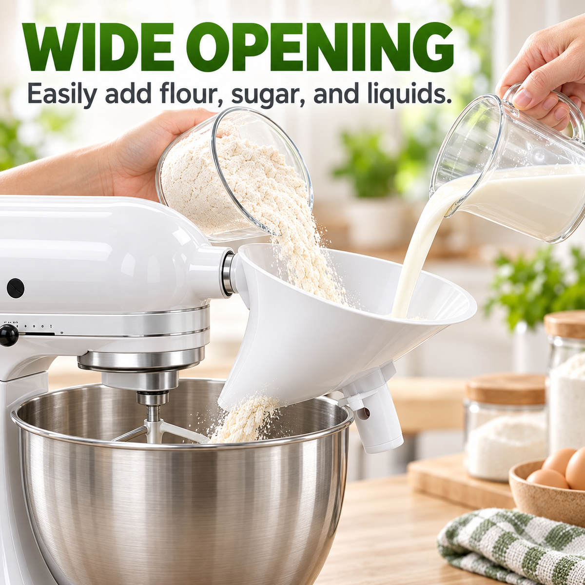 Tilting Mixer Flour Funnel - Suitable for Both Dry and Wet Ingredients.