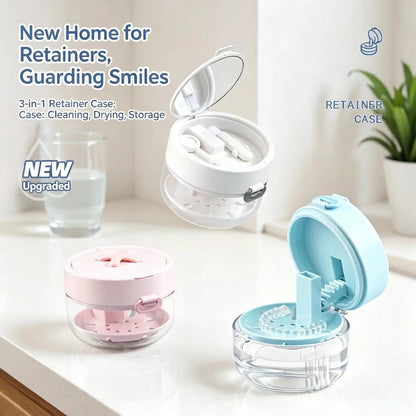 3-in-1 Retainer Soak Case with Drain Tray. Mirror & Cleaning Brush for Aligners & Dentures