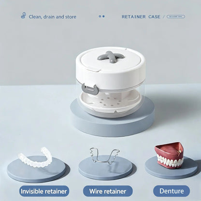 3-in-1 Retainer Soak Case with Drain Tray. Mirror & Cleaning Brush for Aligners & Dentures