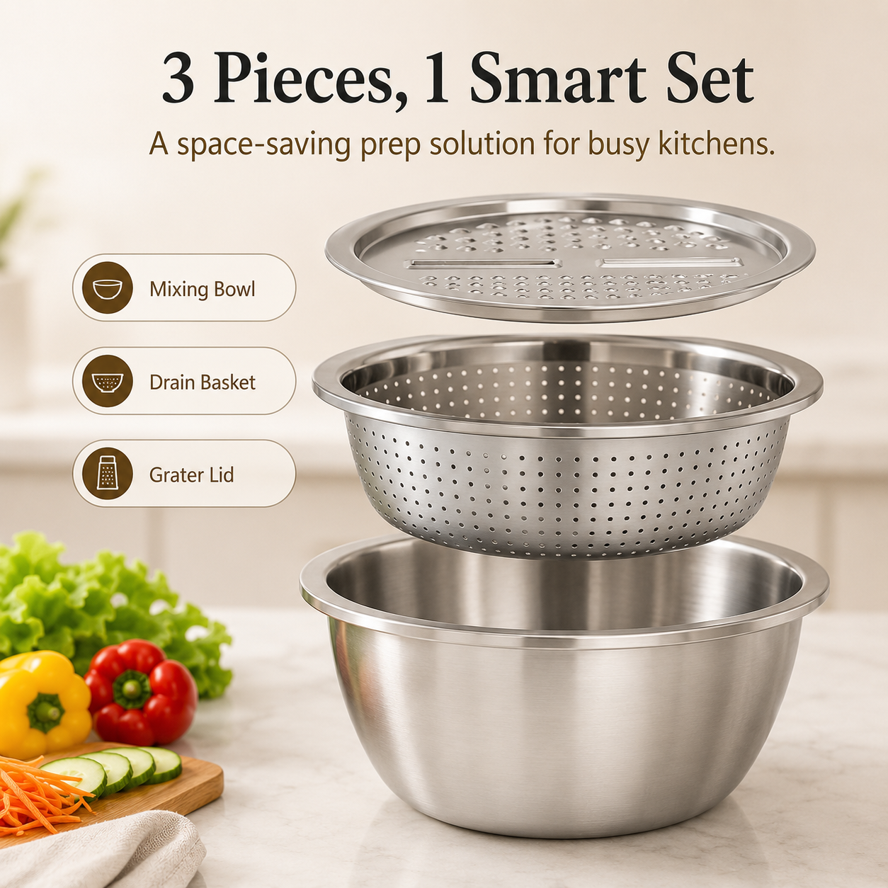 👑Kitchen Trend🔥3-in-1 Stainless Steel Strainer Set