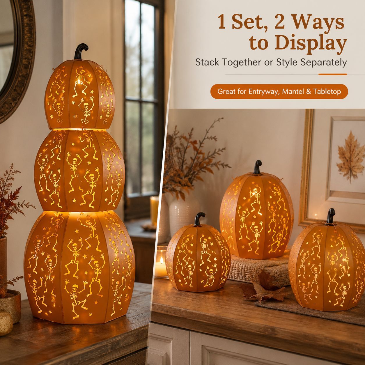 ✨ Stackable LED Pumpkin Lanterns with Skull & Skeleton Shadows