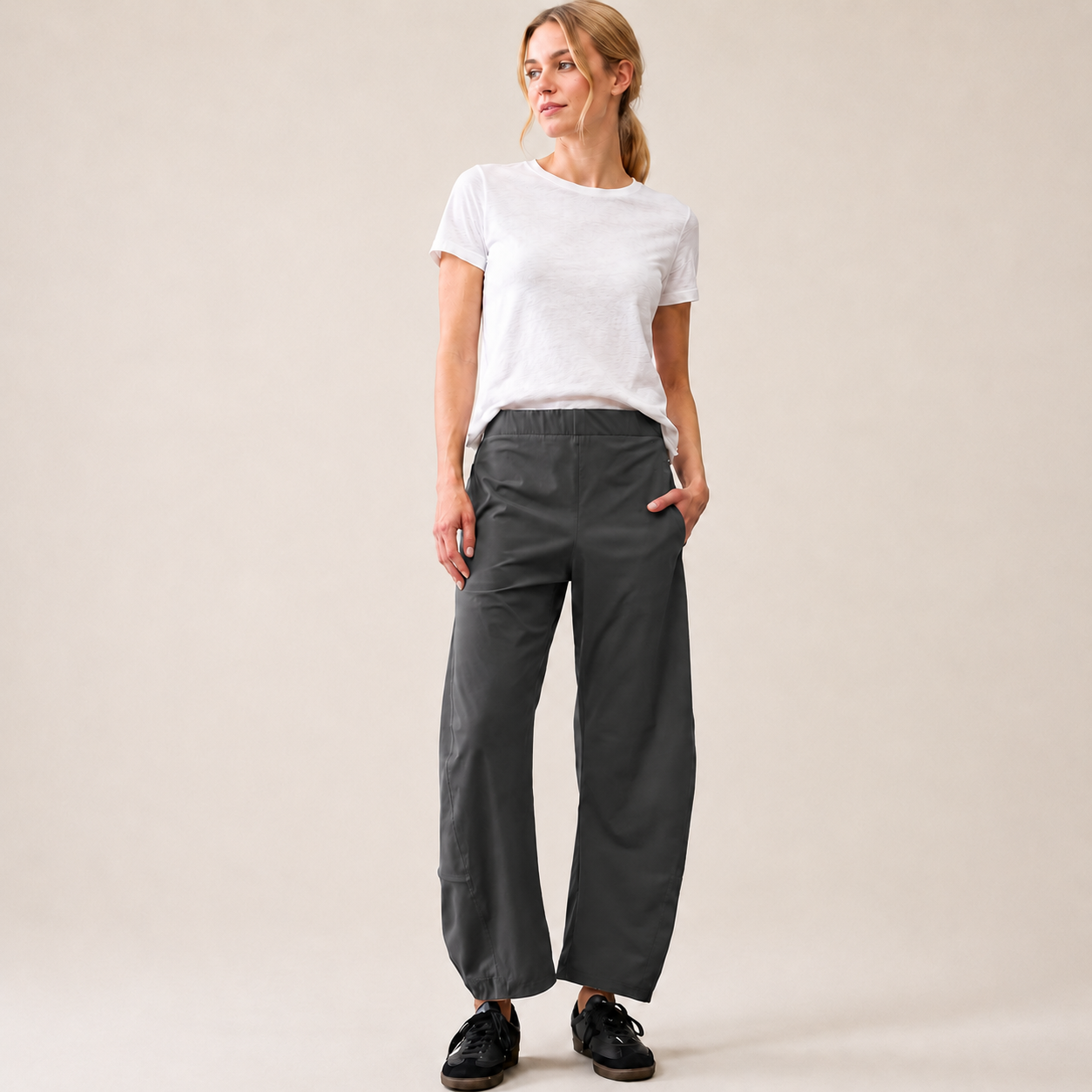 Women's Mid Rise Barrel Leg Pants, Elastic Waist Baggy Casual Trousers with Pockets