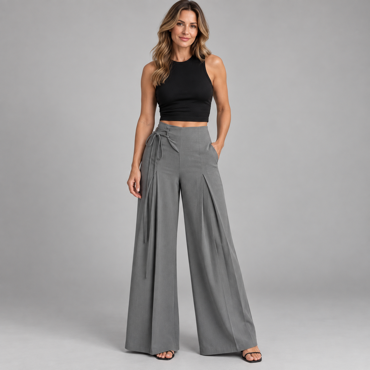Women's High-Waist Asymmetric Lace-Up Wide-Leg Pants – Flattering Sculpted Fit👖✨