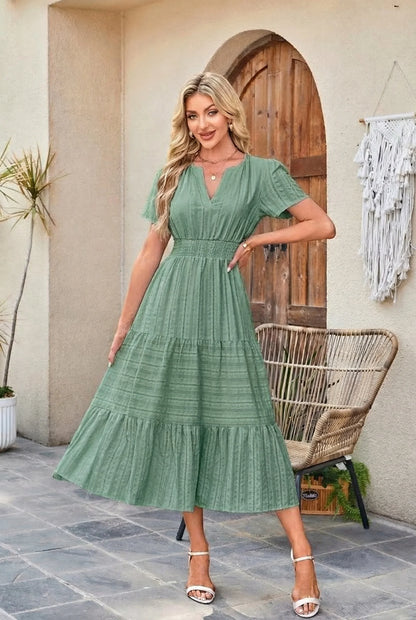 Women's Summer 2026 Casual Maxi Dress Lightweight Short Sleeve V Neck Boho Dress with Pockets