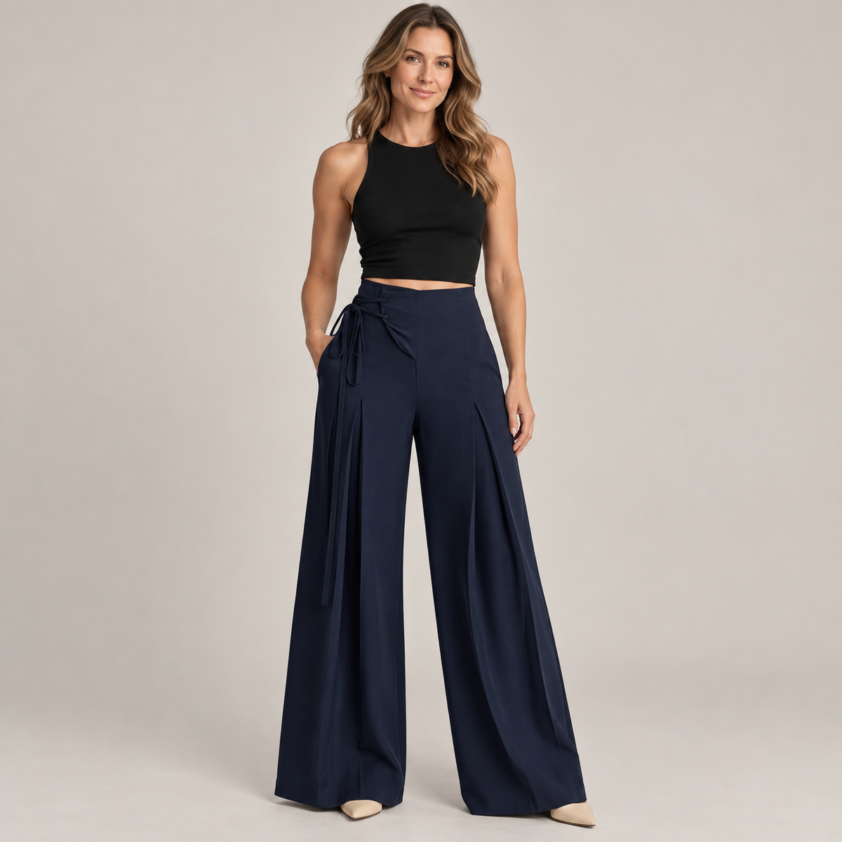 Women's High-Waist Asymmetric Lace-Up Wide-Leg Pants – Flattering Sculpted Fit👖✨