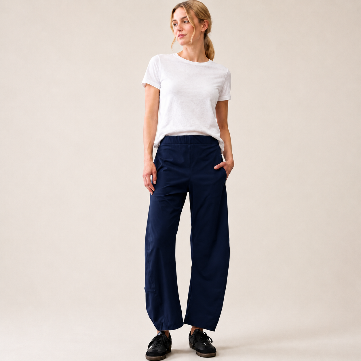 Women's Mid Rise Barrel Leg Pants, Elastic Waist Baggy Casual Trousers with Pockets