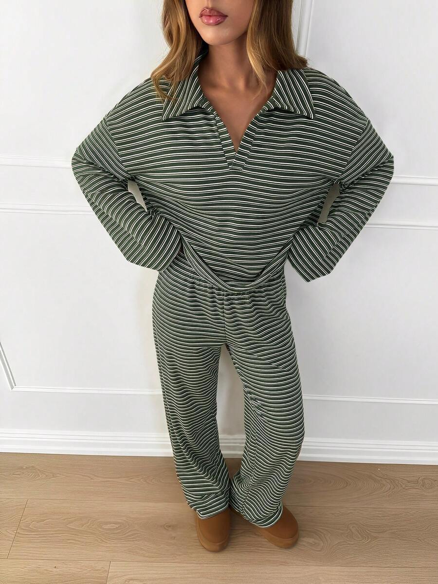 Casual Striped Long Sleeve Wide Leg Pants Lounge Set