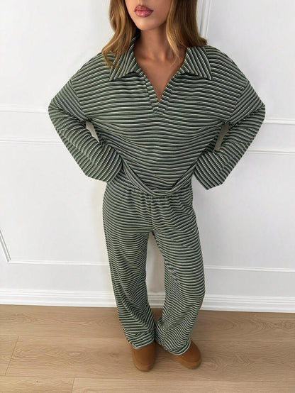 Casual Striped Long Sleeve Wide Leg Pants Lounge Set