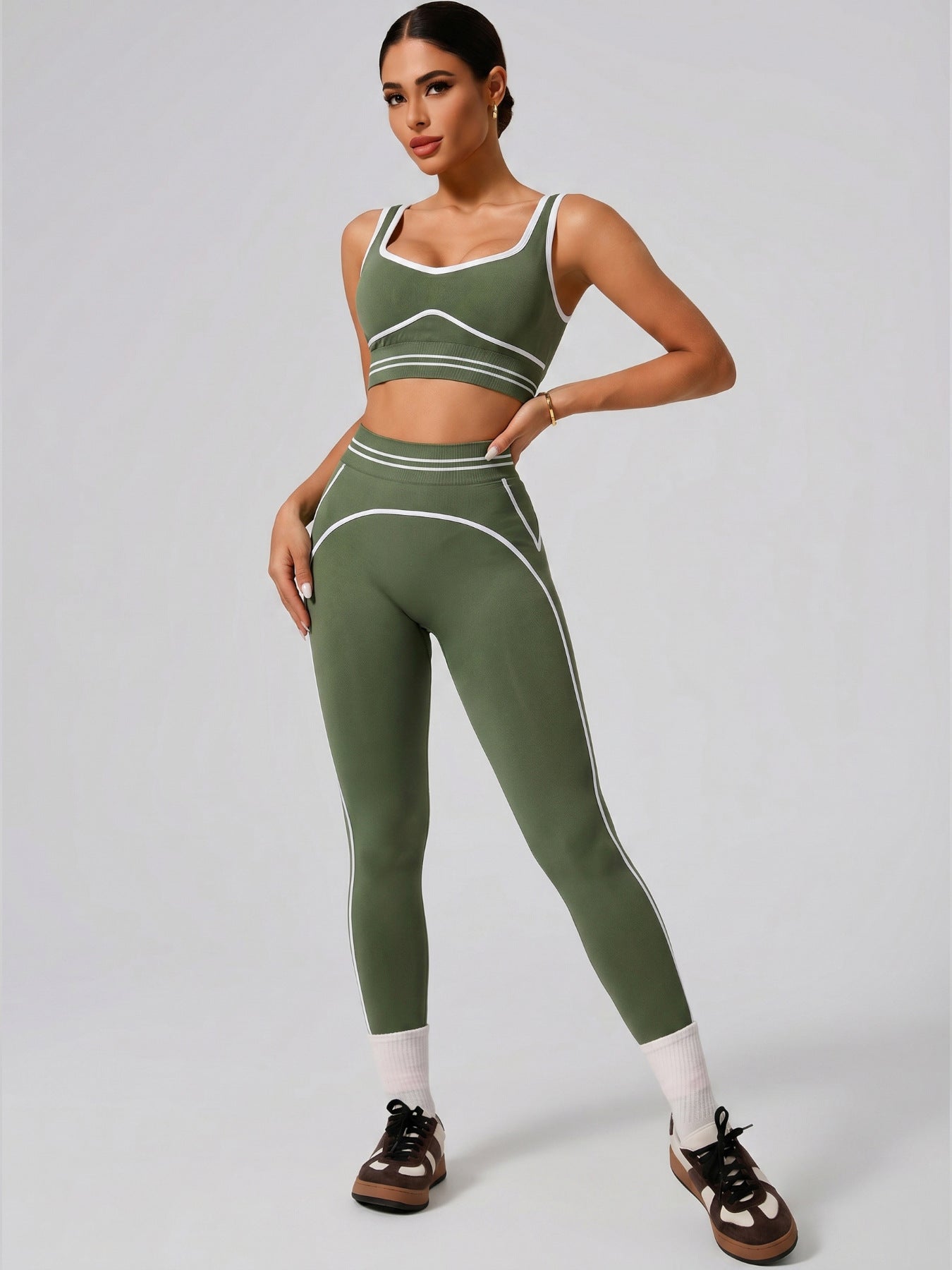 Premium Tummy-Control Contrast Stripe Gym Yoga Set (2-Piece)