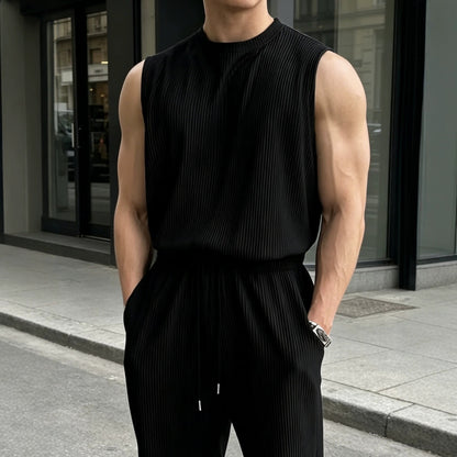 Mens 2 Piece Rib Knit Sweatsuit Tank Top Baggy Wide Leg Pants Set Vacation Beach Outfit for Men