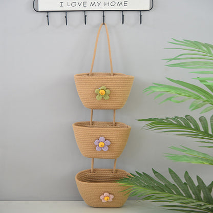Over the Door Woven Hanging Storage Baskets – Easy-Reach 3-Tier Wall Mounted Cotton Organizer for Decluttering Any Room
