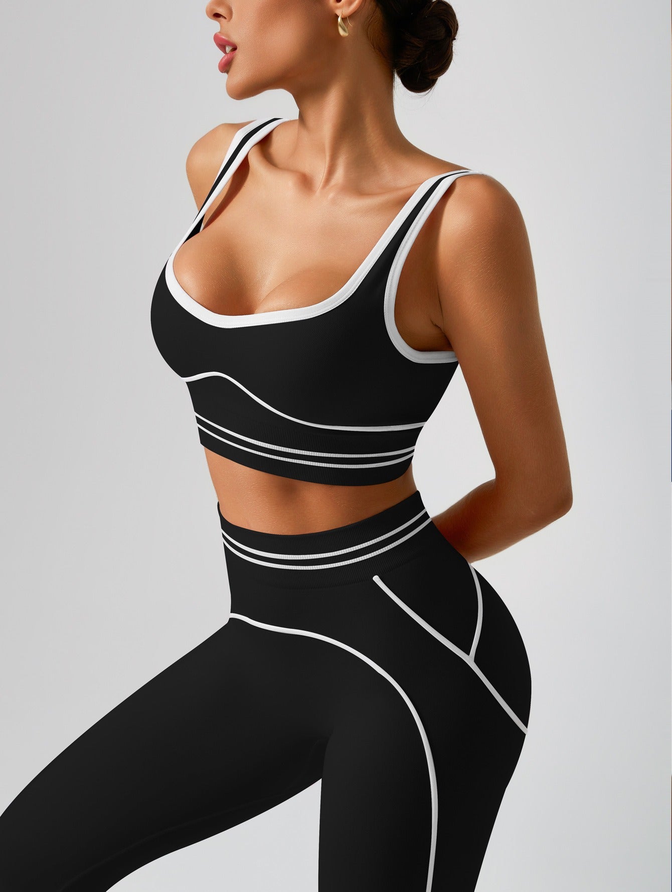 Premium Tummy-Control Contrast Stripe Gym Yoga Set (2-Piece)