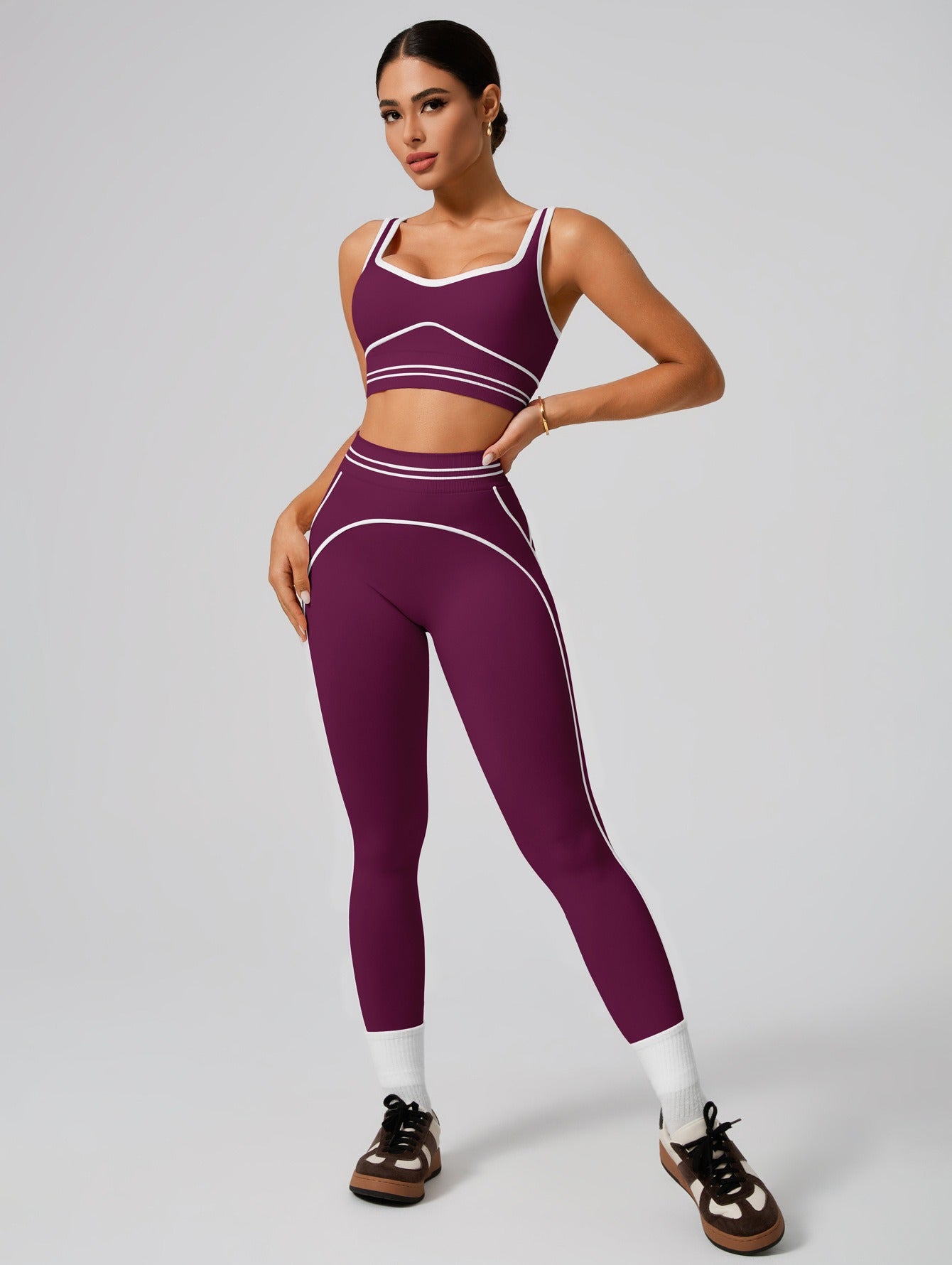 Premium Tummy-Control Contrast Stripe Gym Yoga Set (2-Piece)