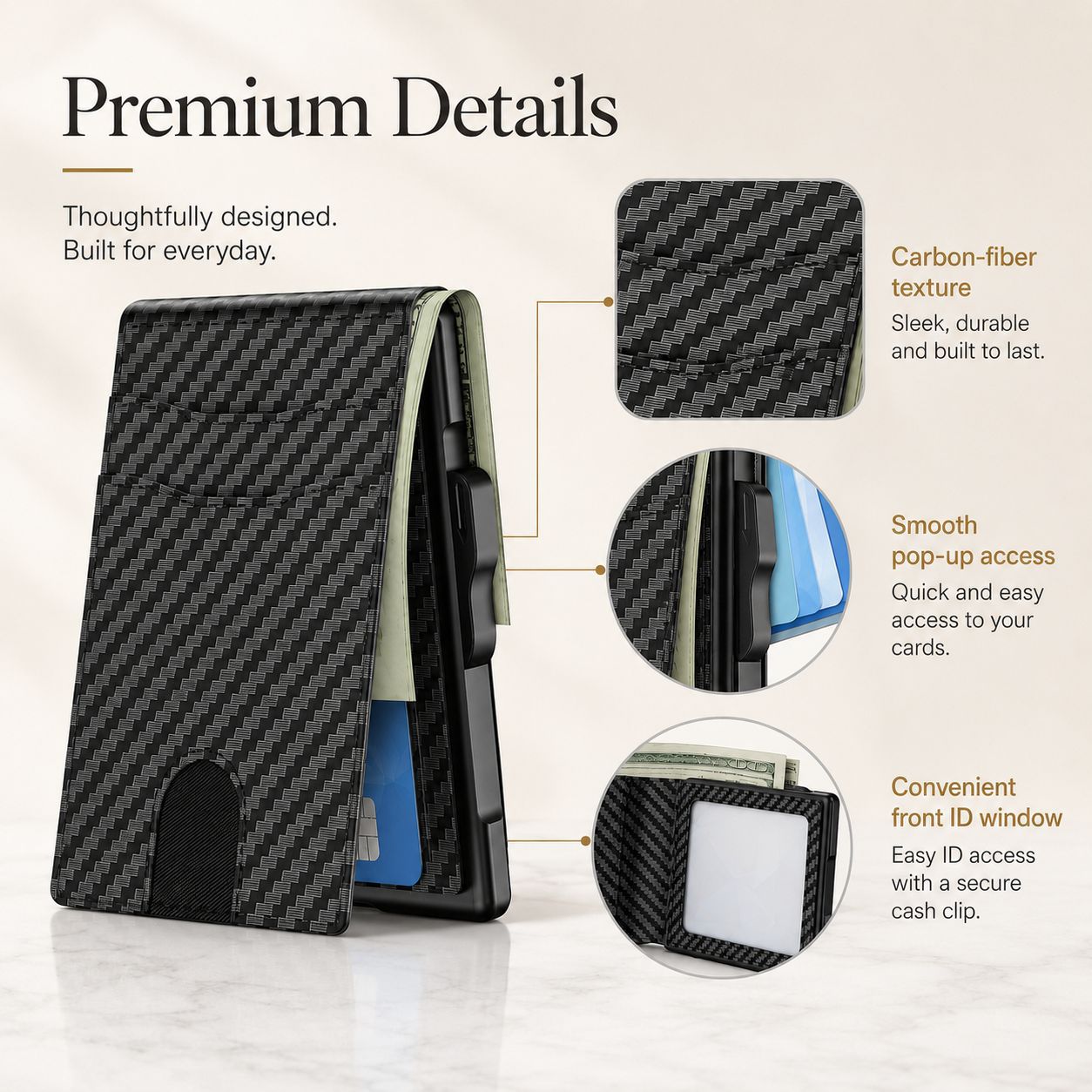 Modern Minimalist Pop-Up Wallet – RFID Blocking Aluminum Card Holder with Premium Leather, Quick Access Design & Cash Storage