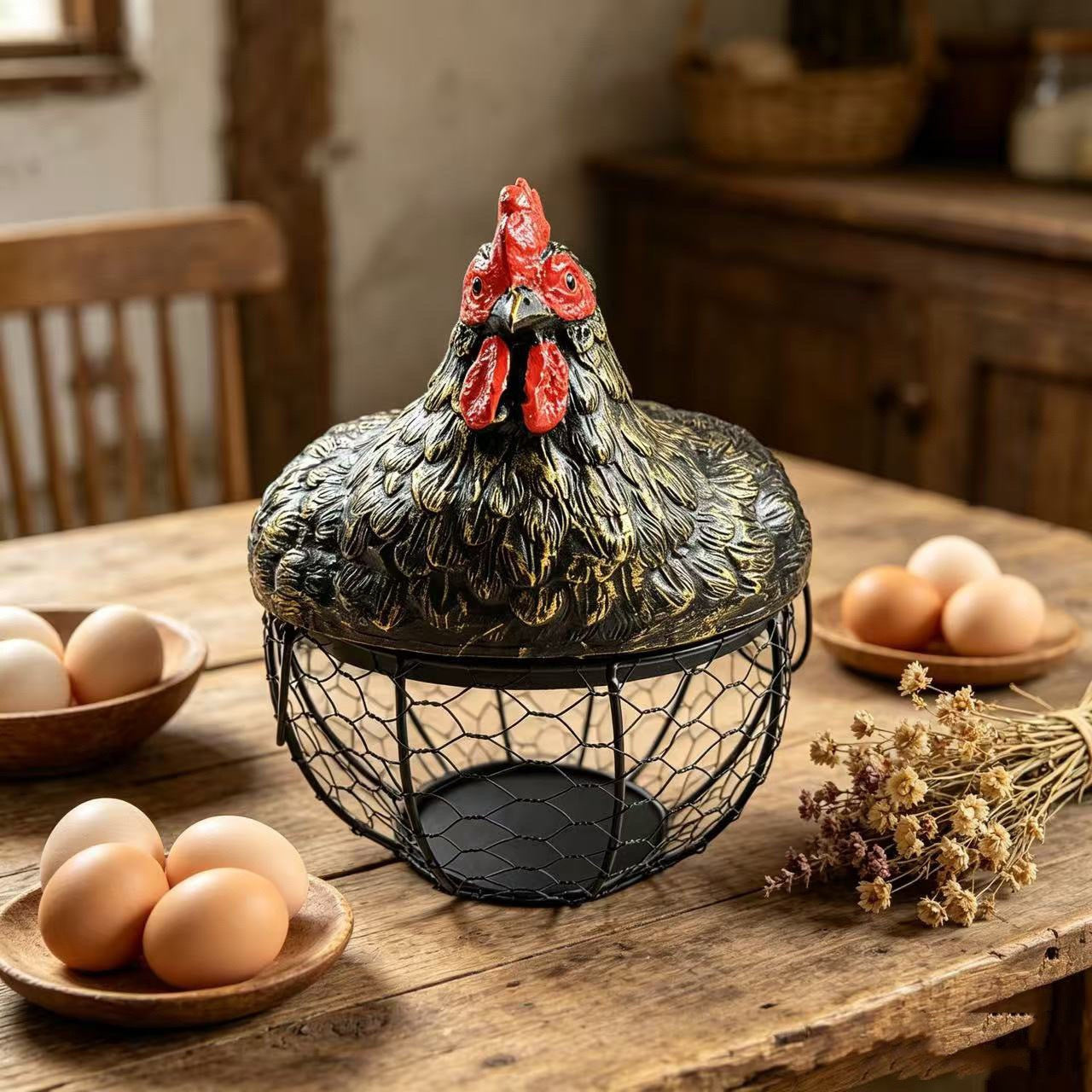 Vintage Rooster Wire Egg Storage Basket