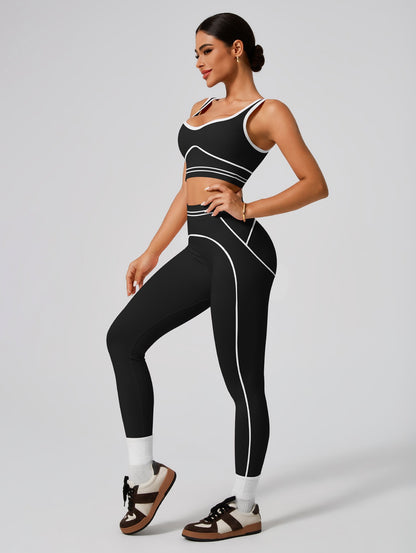 Premium Tummy-Control Contrast Stripe Gym Yoga Set (2-Piece)