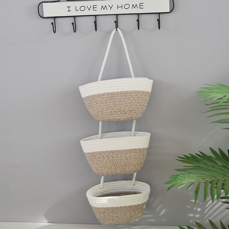 Over the Door Woven Hanging Storage Baskets – Easy-Reach 3-Tier Wall Mounted Cotton Organizer for Decluttering Any Room