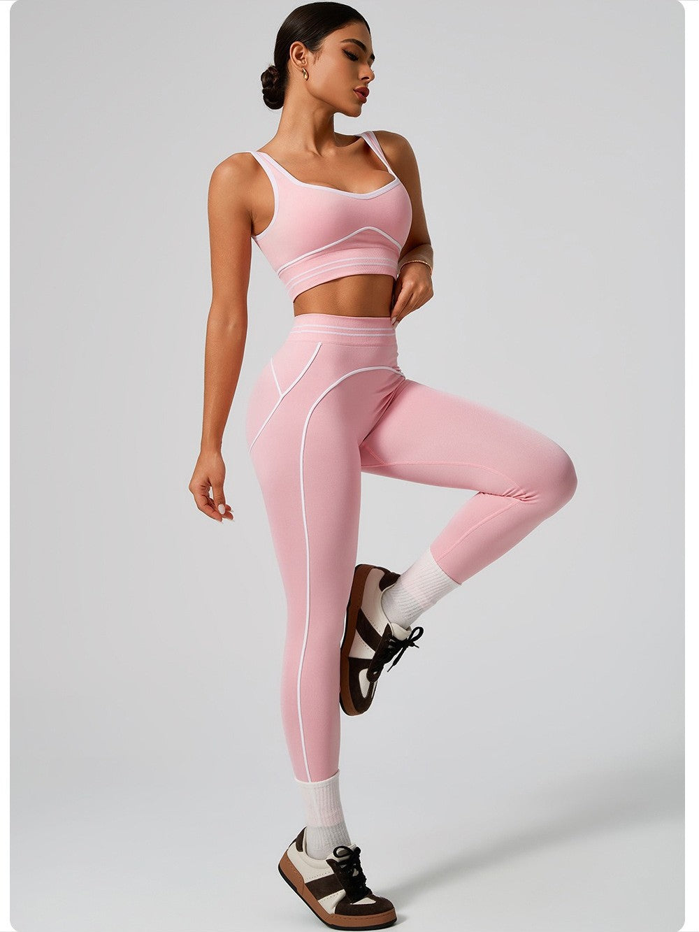 Premium Tummy-Control Contrast Stripe Gym Yoga Set (2-Piece)