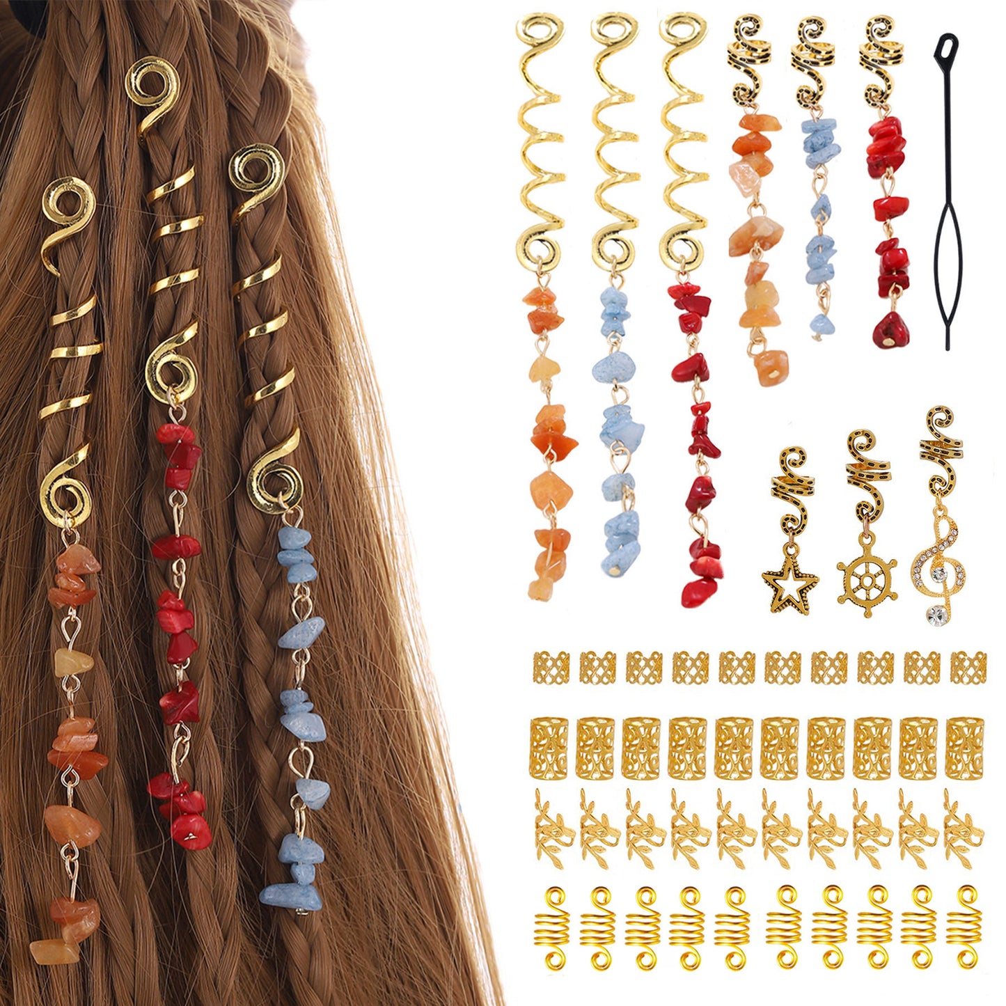 50Pcs Hair Jewelry ,  Natural Colored Crystal Stone Hair Braid Accessories