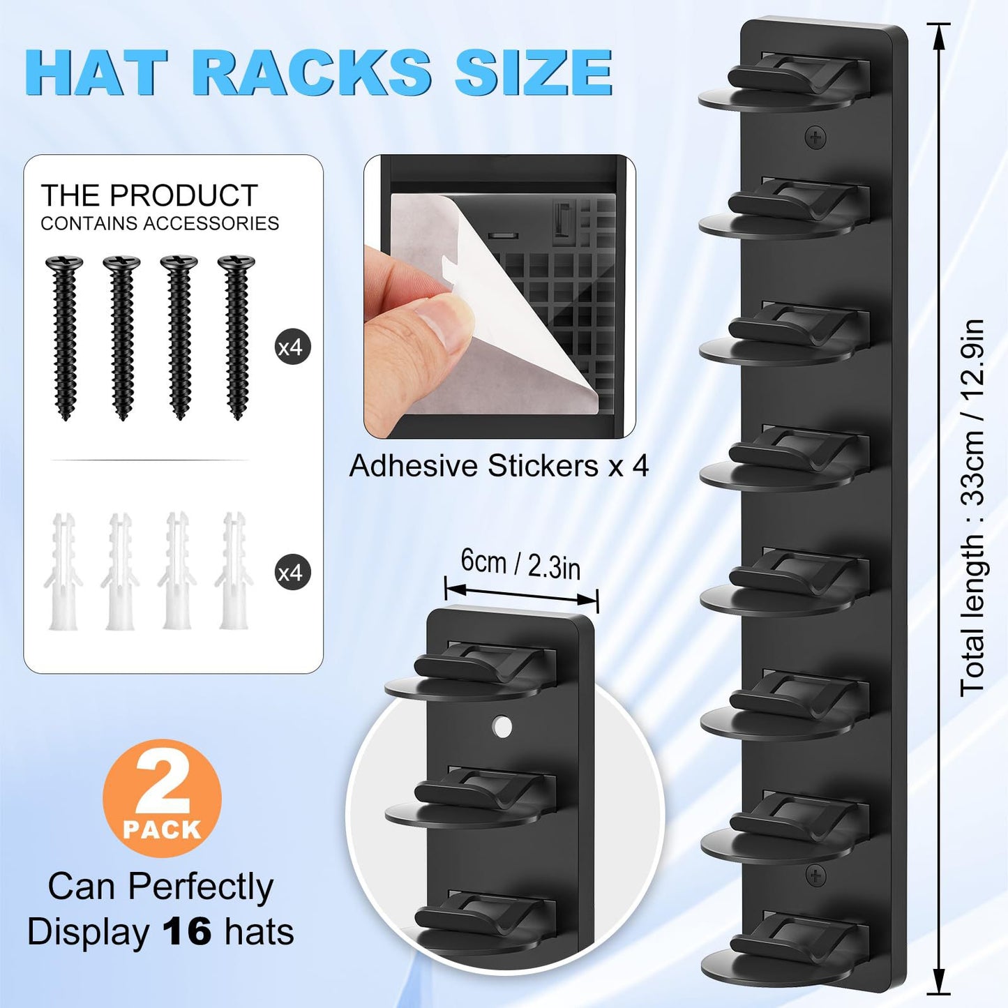 Wall-Mounted Baseball Cap Organizer Rack (8-Tier Single)