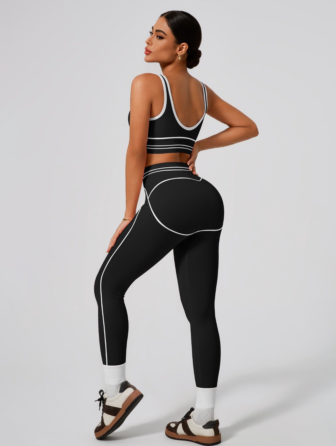 Premium Tummy-Control Contrast Stripe Gym Yoga Set (2-Piece)
