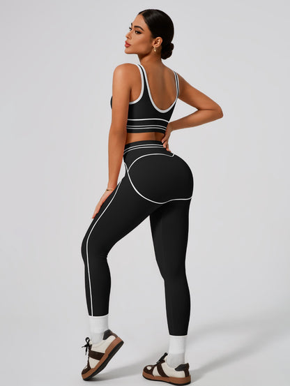 Premium Tummy-Control Contrast Stripe Gym Yoga Set (2-Piece)
