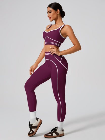 Premium Tummy-Control Contrast Stripe Gym Yoga Set (2-Piece)
