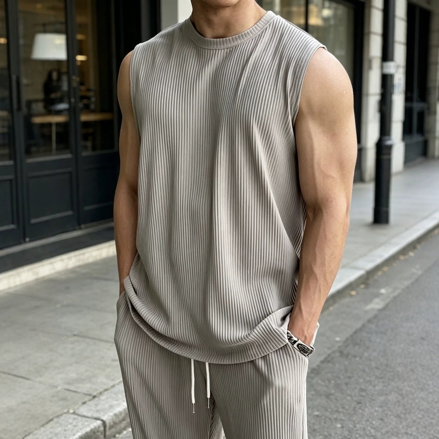Mens 2 Piece Rib Knit Sweatsuit Tank Top Baggy Wide Leg Pants Set Vacation Beach Outfit for Men
