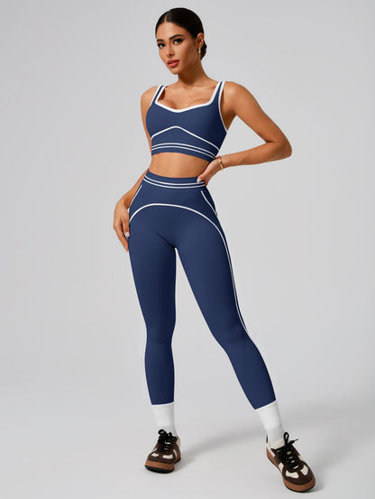 Premium Tummy-Control Contrast Stripe Gym Yoga Set (2-Piece)