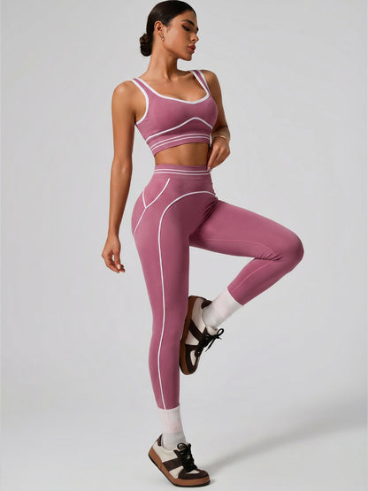 Premium Tummy-Control Contrast Stripe Gym Yoga Set (2-Piece)