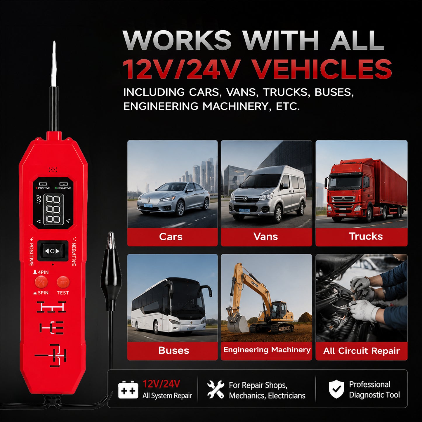 6V-24V Automotive Circuit Probe Tester – Fast Electrical Diagnostic Tool & Polarity Detector