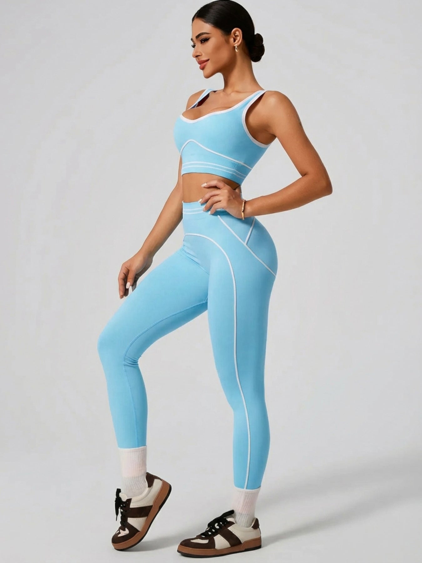 Premium Tummy-Control Contrast Stripe Gym Yoga Set (2-Piece)