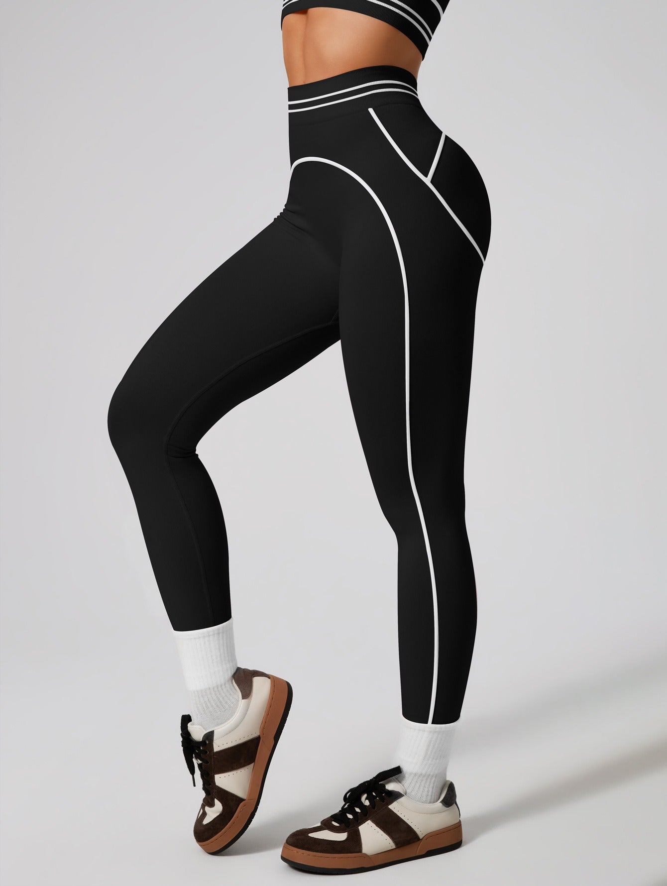 Premium Tummy-Control Contrast Stripe Gym Yoga Set (2-Piece)
