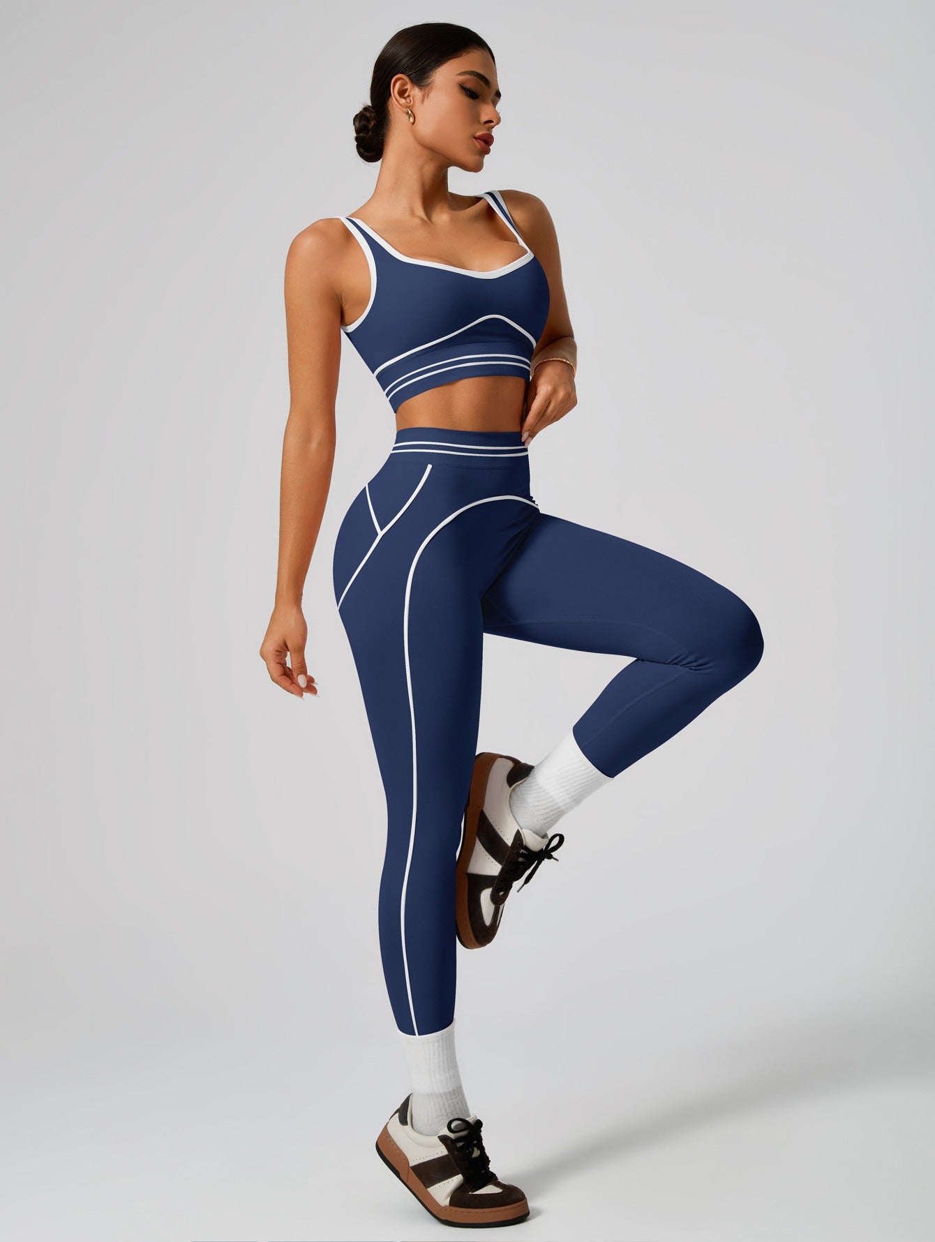 Premium Tummy-Control Contrast Stripe Gym Yoga Set (2-Piece)