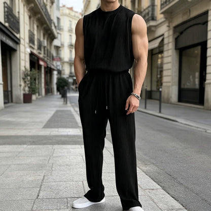 Mens 2 Piece Rib Knit Sweatsuit Tank Top Baggy Wide Leg Pants Set Vacation Beach Outfit for Men
