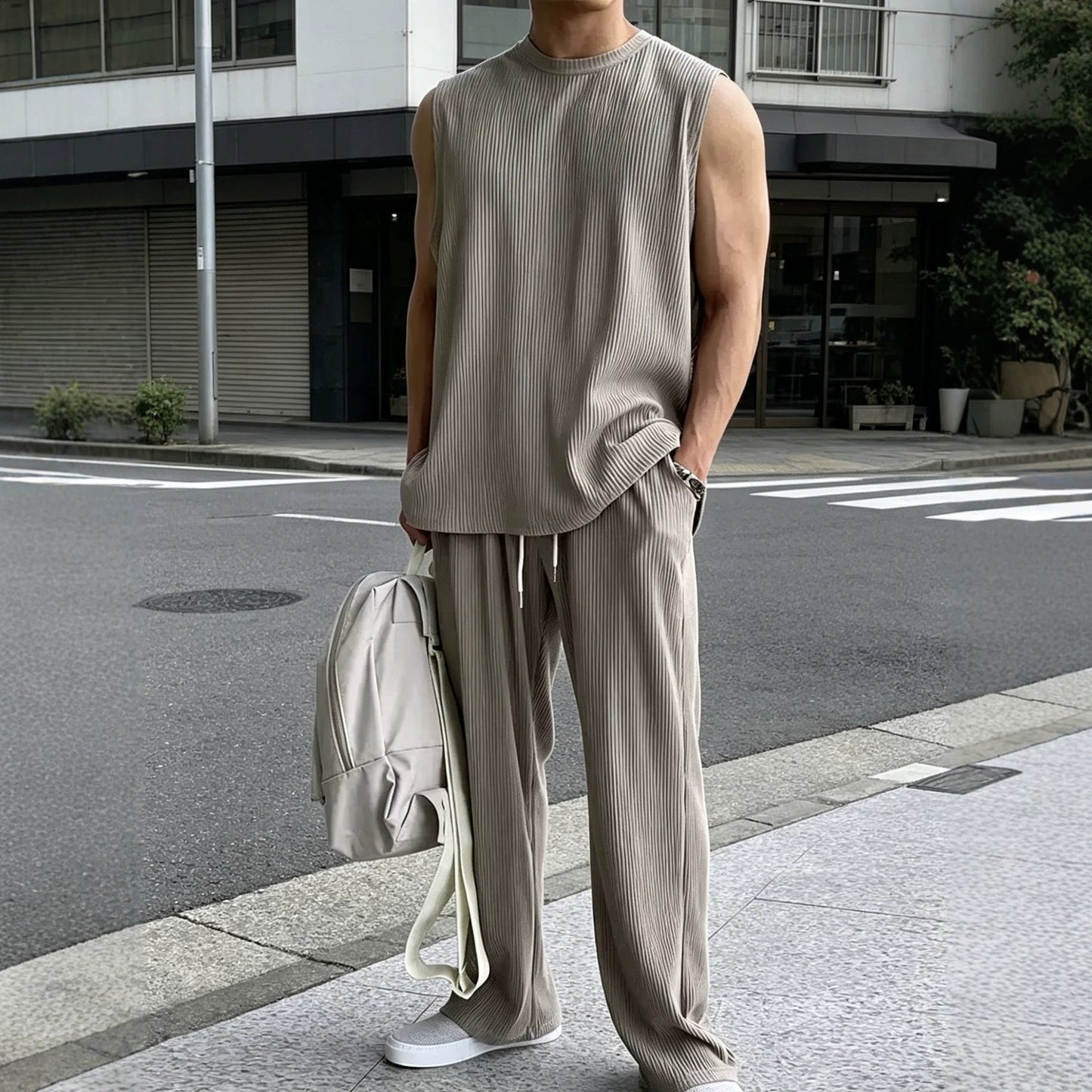 Mens 2 Piece Rib Knit Sweatsuit Tank Top Baggy Wide Leg Pants Set Vacation Beach Outfit for Men